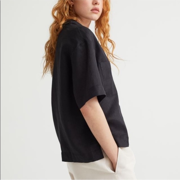 H&M Linen Black Crop Boxy Short Sleeve Shirt Sz XL Vacation Beach - Picture 10 of 13